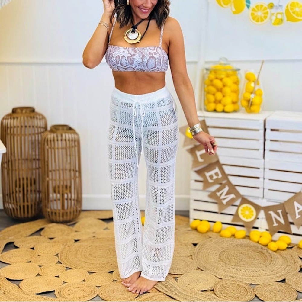 🆕🤍STYLISH SWIMWEAR: WHITE Checkered Knit Cover Up Pants LARGE